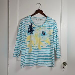Chico's Aqua White and Yellow Sparkly Striped Floral Cotton Top L